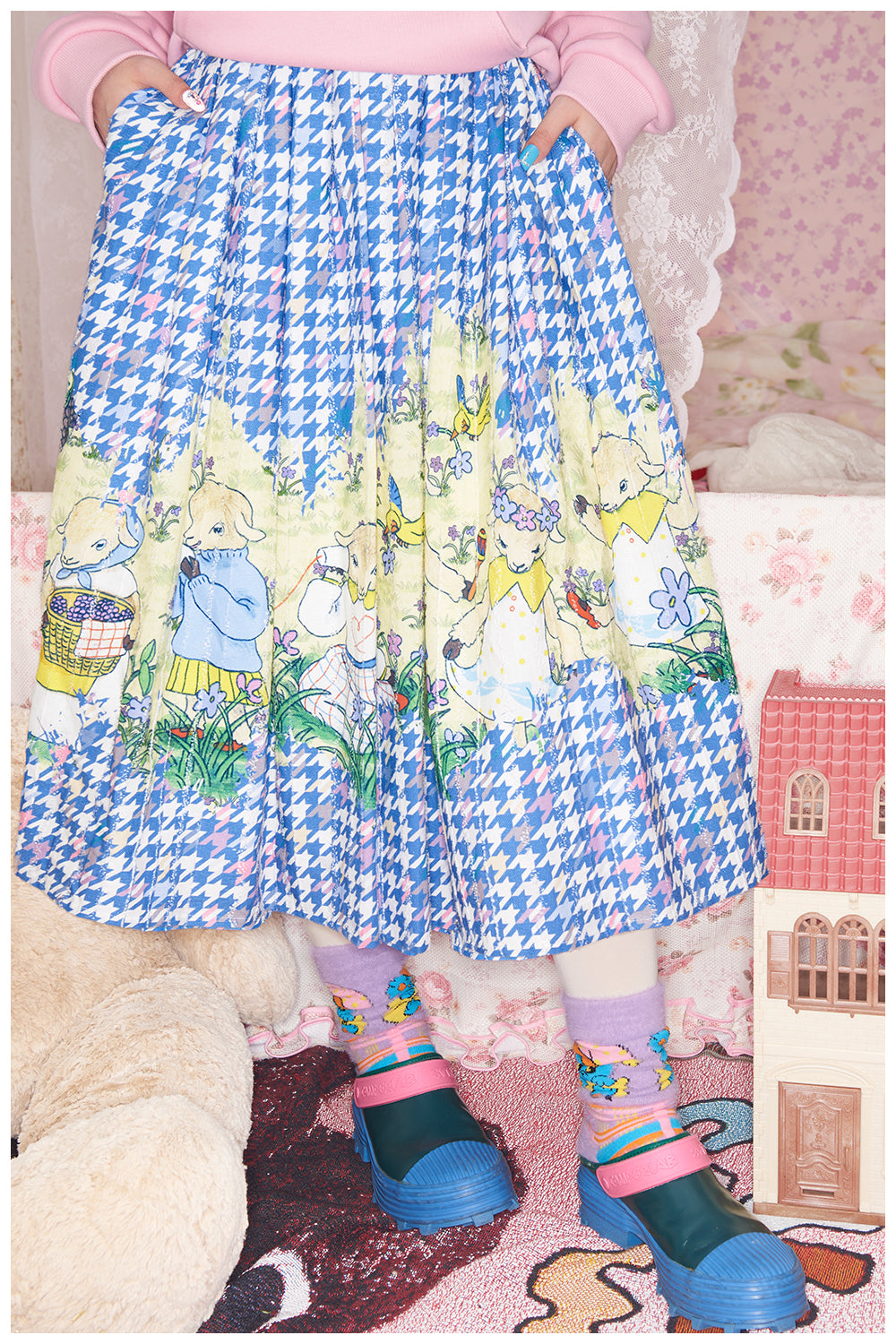 tntntutu - Kawaii Blue Houndstooth Lamb Print Skirt skirt tntntutu