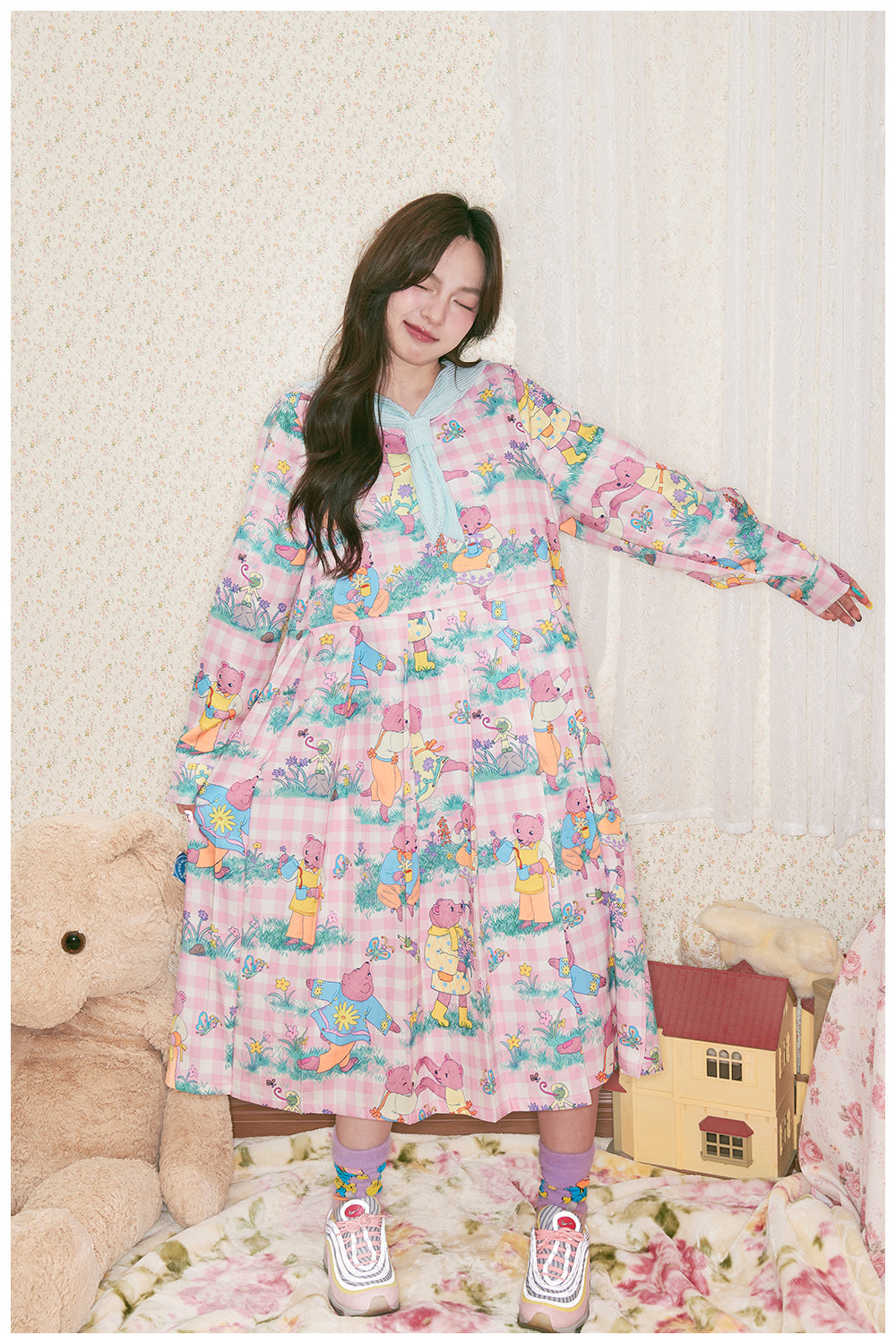 tntntutu - Pink Teddy Print Removable Sailor Collar Dress dress tntntutu