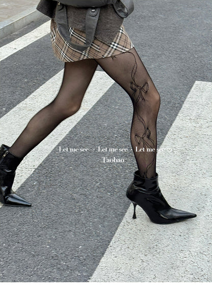 LET ME SEE - Y2K Bow Lace Tights Subculture Mesh Pantyhose tights let me see Black