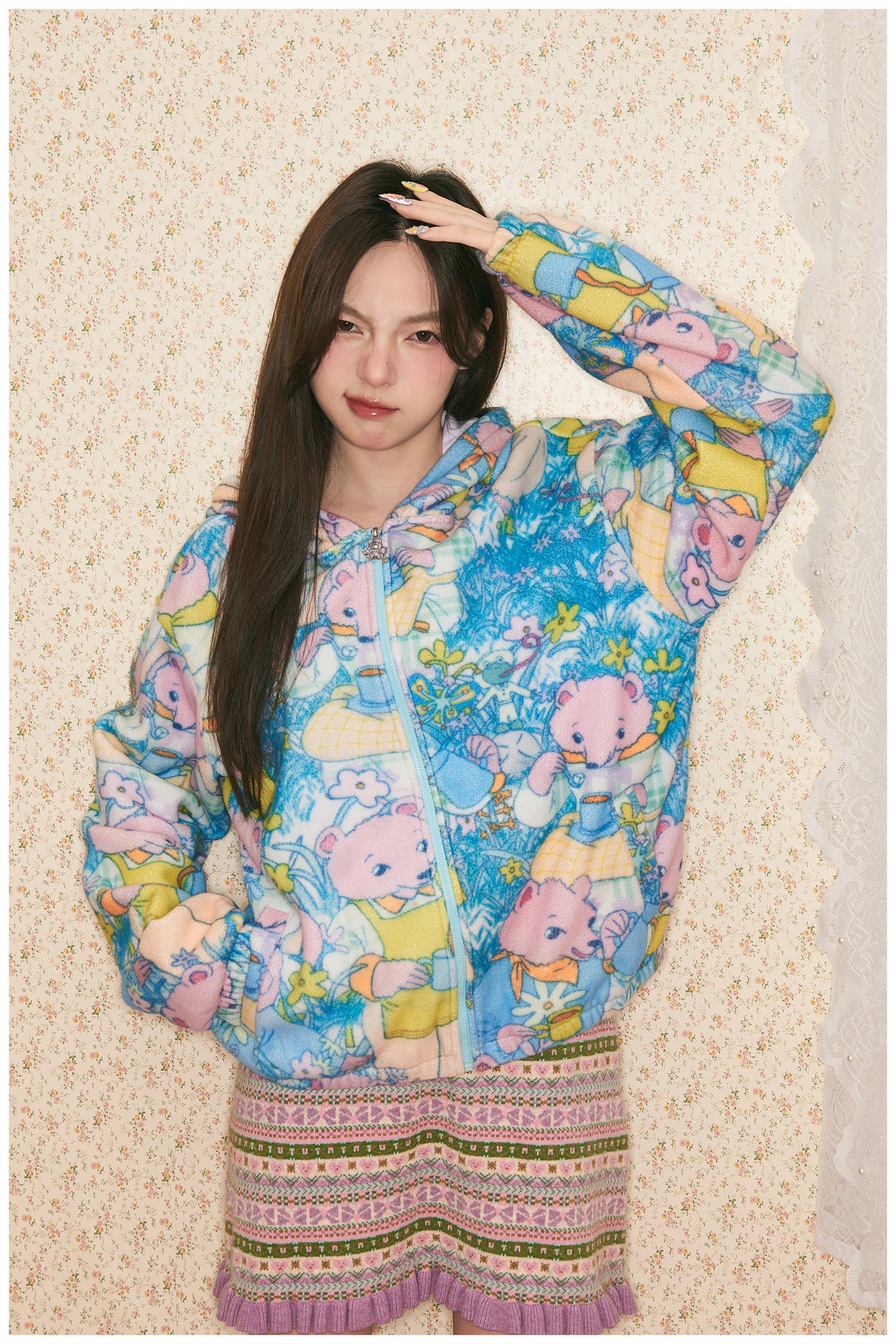 tntntutu - Blue Green Fleece Hoodie with Bear Print jacket tntntutu