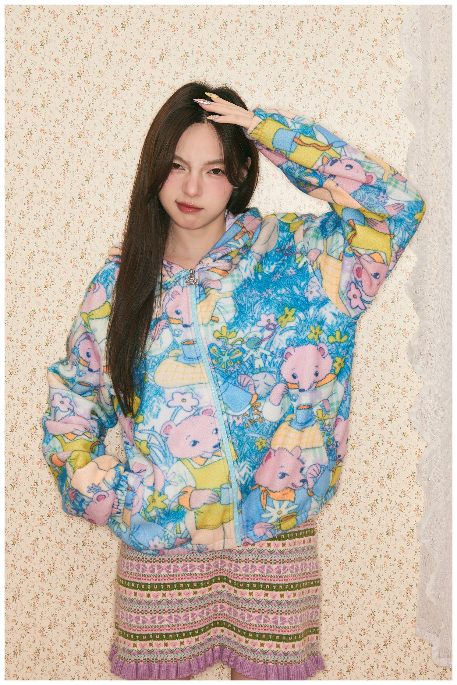 tntntutu - Blue Green Fleece Hoodie with Bear Print jacket tntntutu