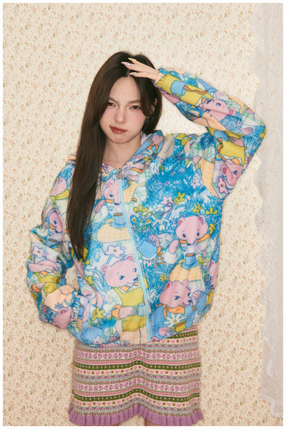 tntntutu - Blue Green Fleece Hoodie with Bear Print jacket tntntutu