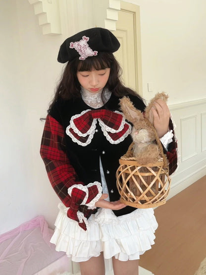 daytoday everyday institute - Red Plaid Velvet Bow Jacket jacket daytoday everyday institute