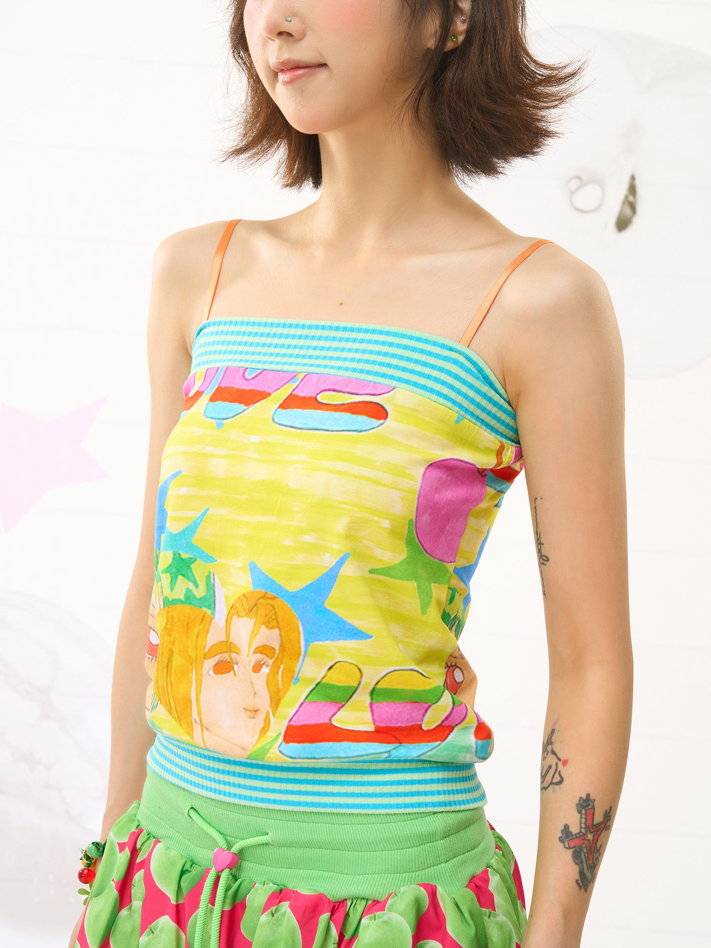 FRUITS Illustration‑Print Cami | Bandeau Cami Top | Stretch Knit tank top Fruits