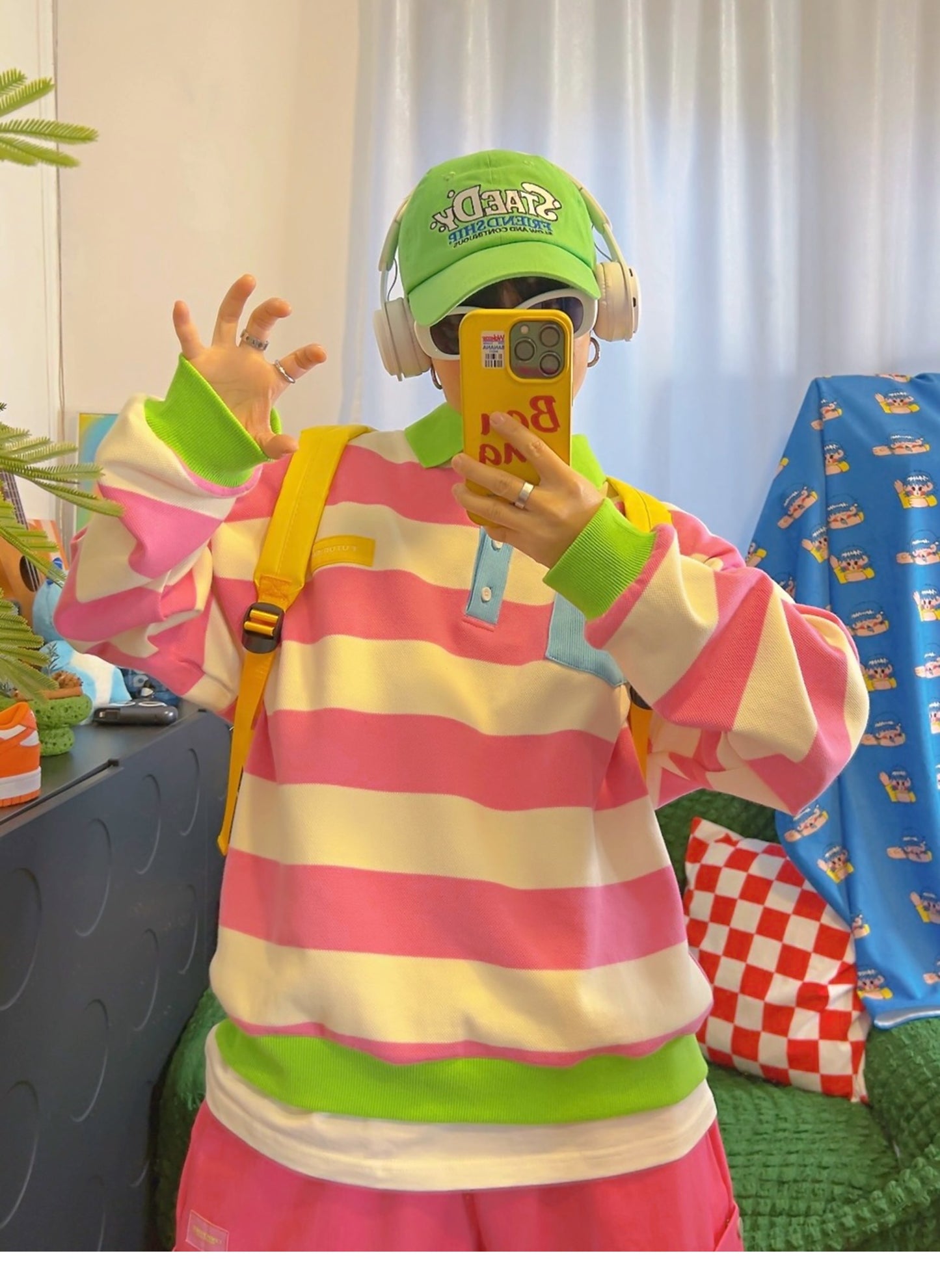 KURIOSITAET - Decora Kei Pink Striped Polo Sweatshirt sweatshirt KURIOSITAET