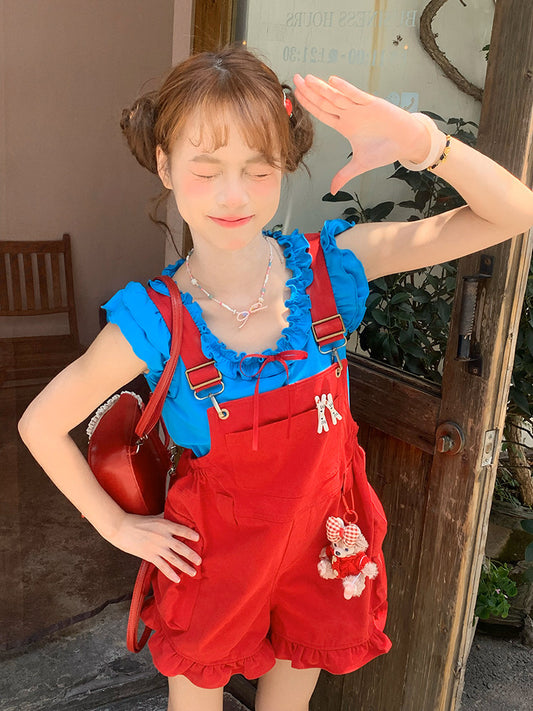 SINGSONG - Berry Bubble Colorblock Suspender Pants Set set singsong