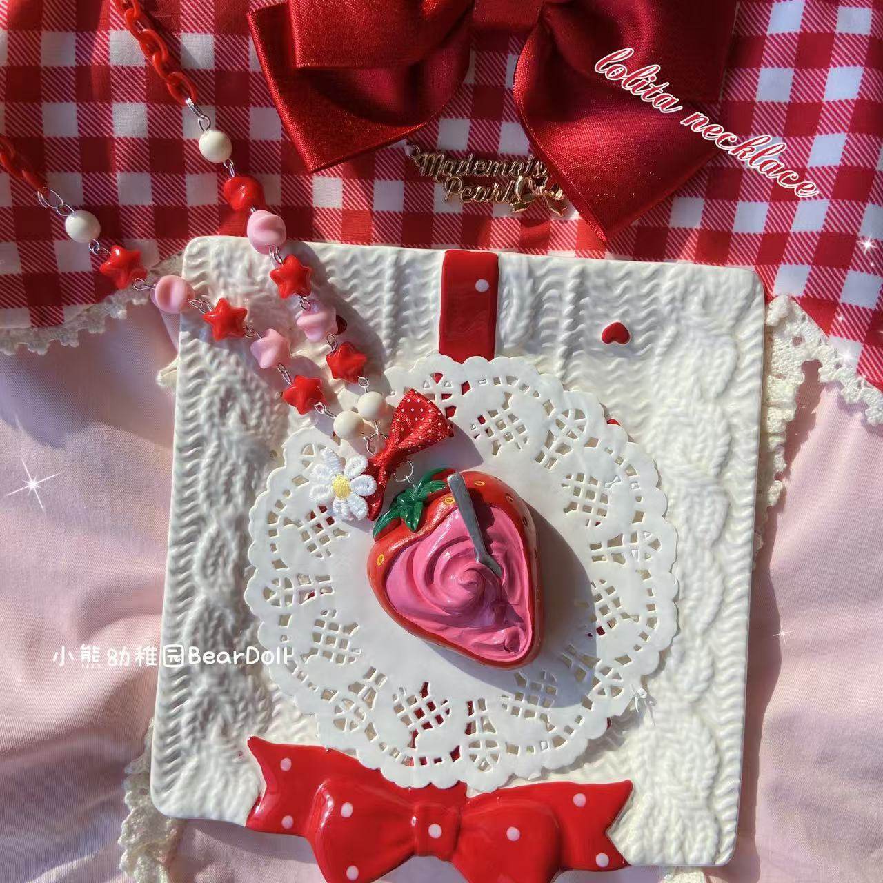 Bear Doll - Strawberry Cake Beaded Necklace necklace Bear Doll