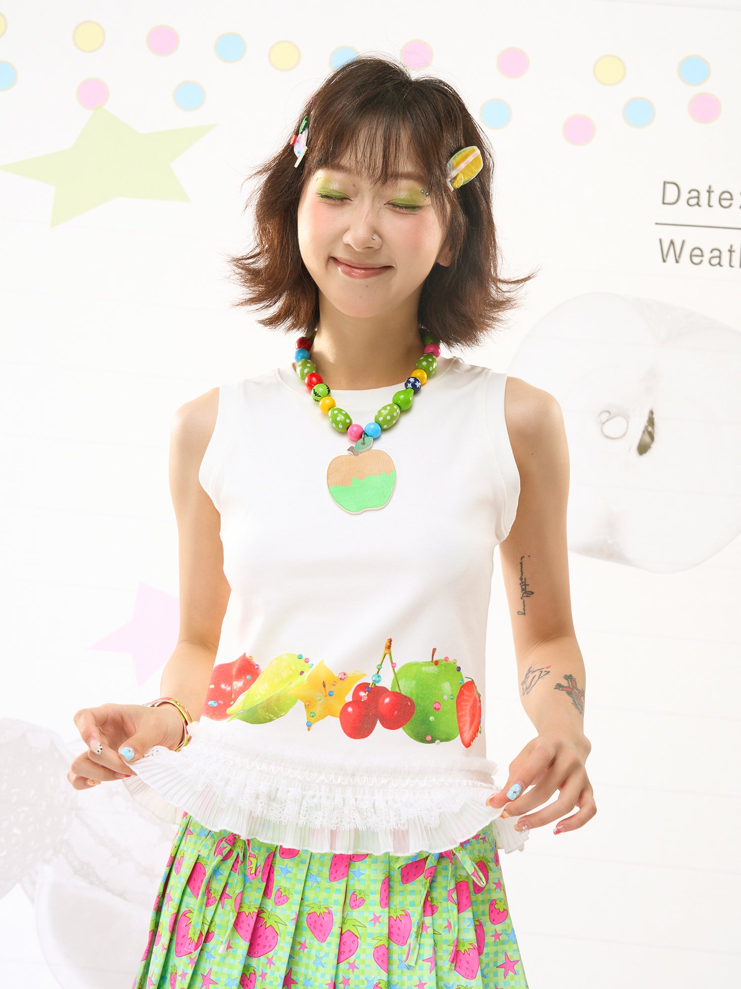 FRUITS Print Cami | Lace‑Hem Tee | White Sleeveless Shirt tshirt Fruits