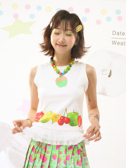 FRUITS Print Cami | Lace‑Hem Tee | White Sleeveless Shirt tshirt Fruits