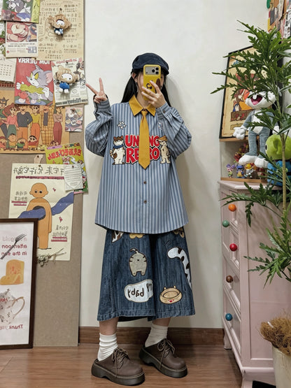 BIBULU - Japanese Cartoon Embroidered Stripe Shirt shirt BIBULU