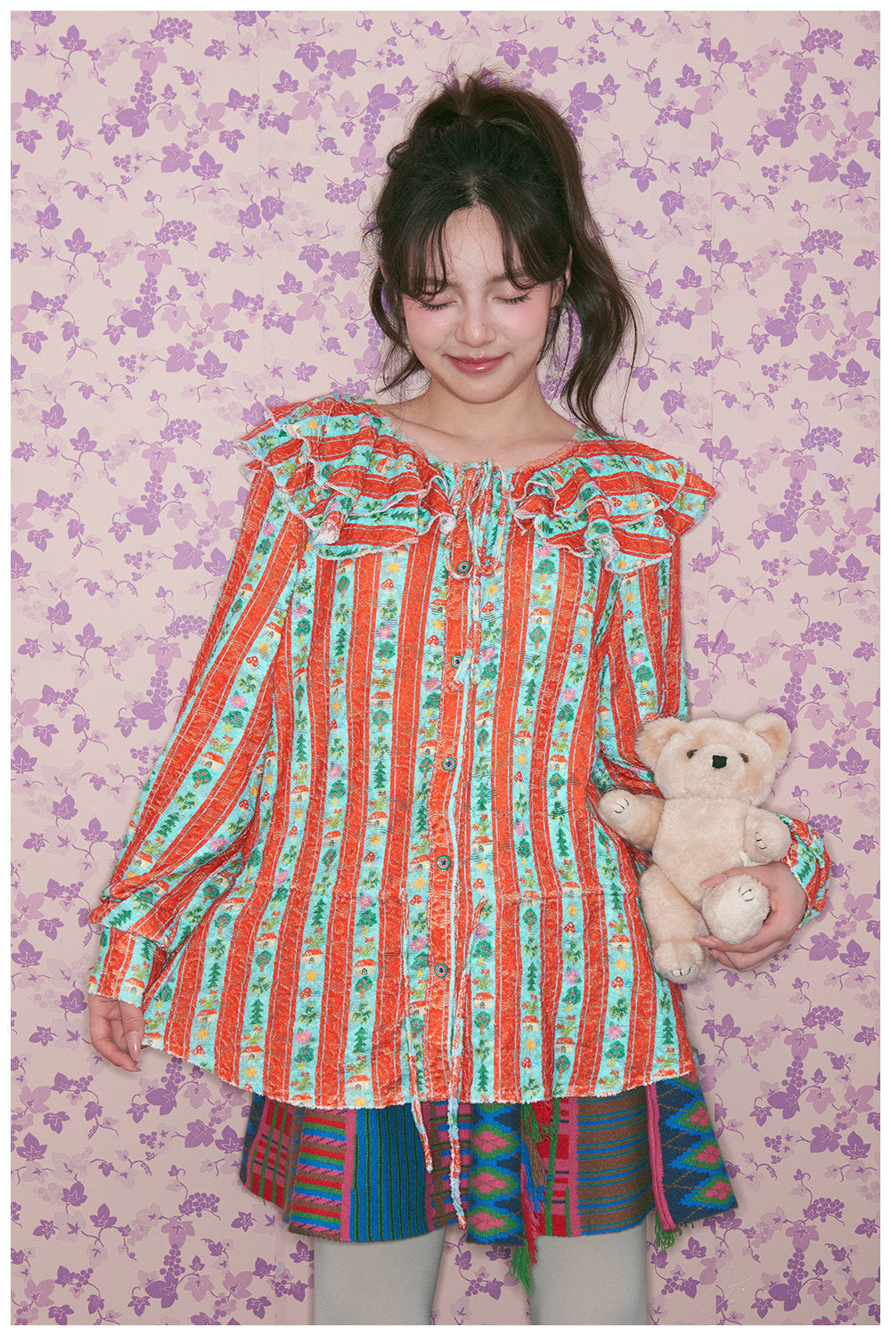 tntntutu - Kidcore Red Green Stripe Lace Shirt blouse tntntutu