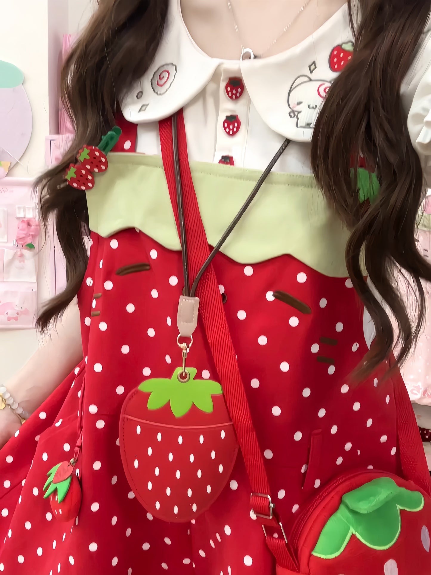 Blurred Bear - Strawberry Doll Collar Overalls Set set Blurred Bear