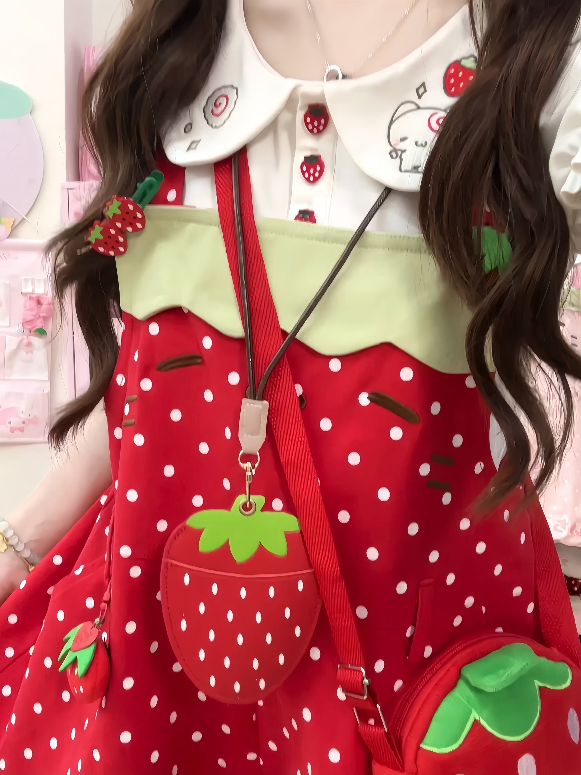Blurred Bear - Strawberry Doll Collar Overalls Set set Blurred Bear