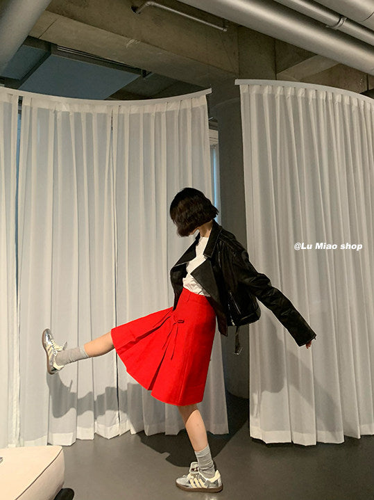 Lu Miao - Red Bow Pleated A-Line Skirt skirt Lu miao