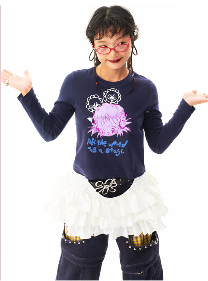 sillysis - Navy Girl Print Top shirt sillysis