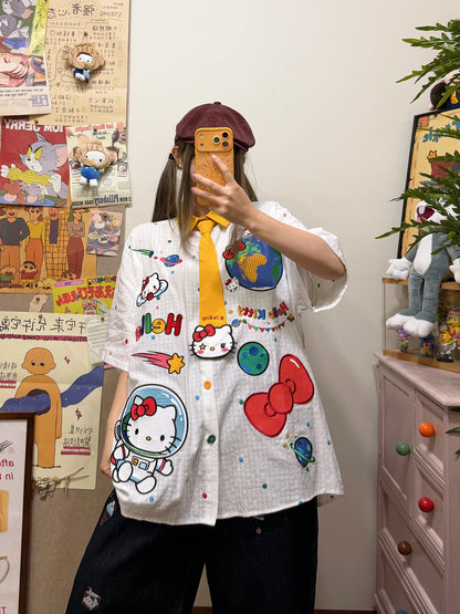 BIBULU - Cat Embroidered Polka Dot Shirt shirt BIBULU Yellow M