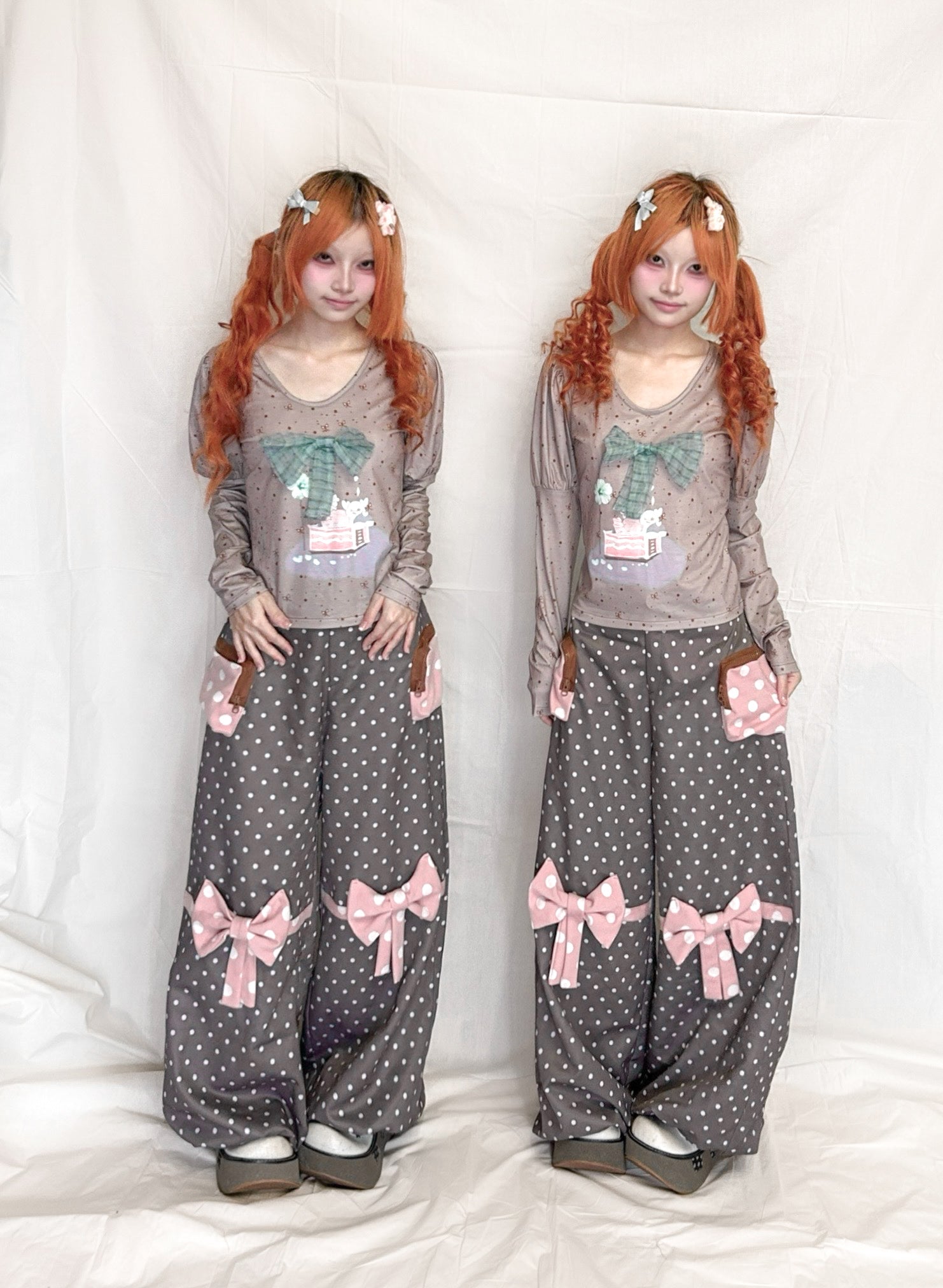 YJM with biubiu - Polka Dot Bow Loose Trousers with Large Pockets pants YJM with biubiu