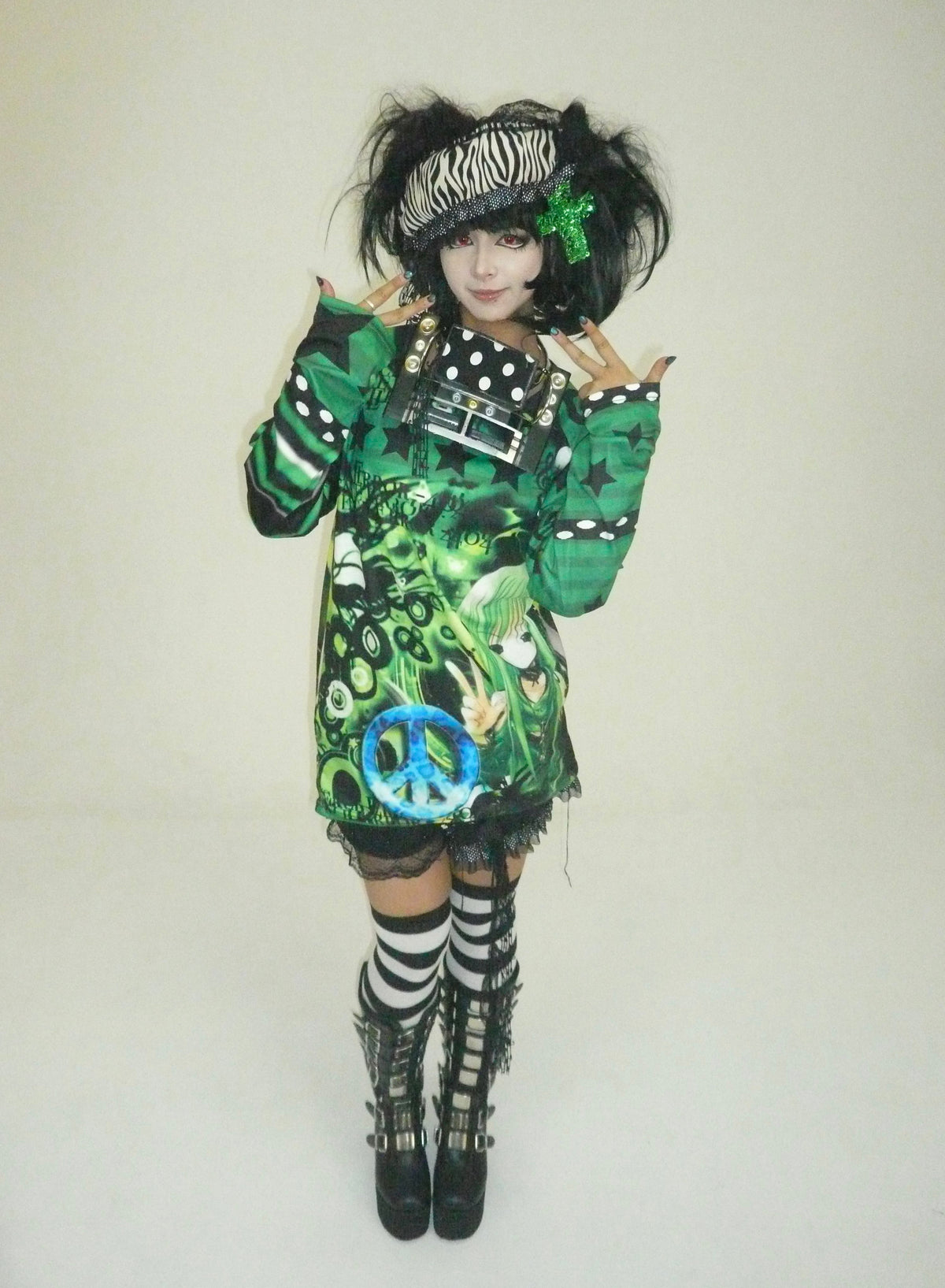 ki00bi00 - Green Stripe Print Long Sleeve Top