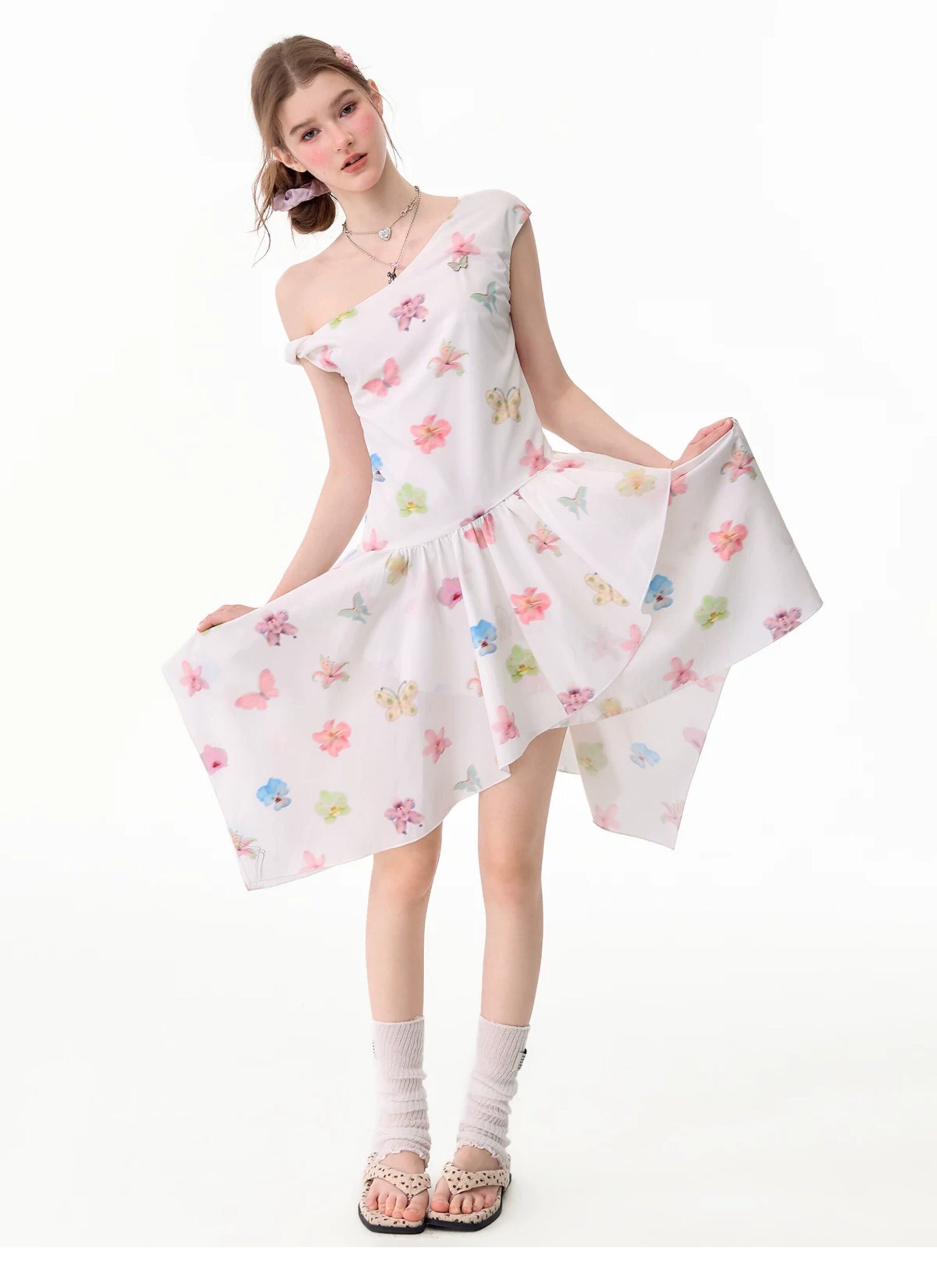 ziziFei - White Floral Asymmetrical Dress dress ziziFei