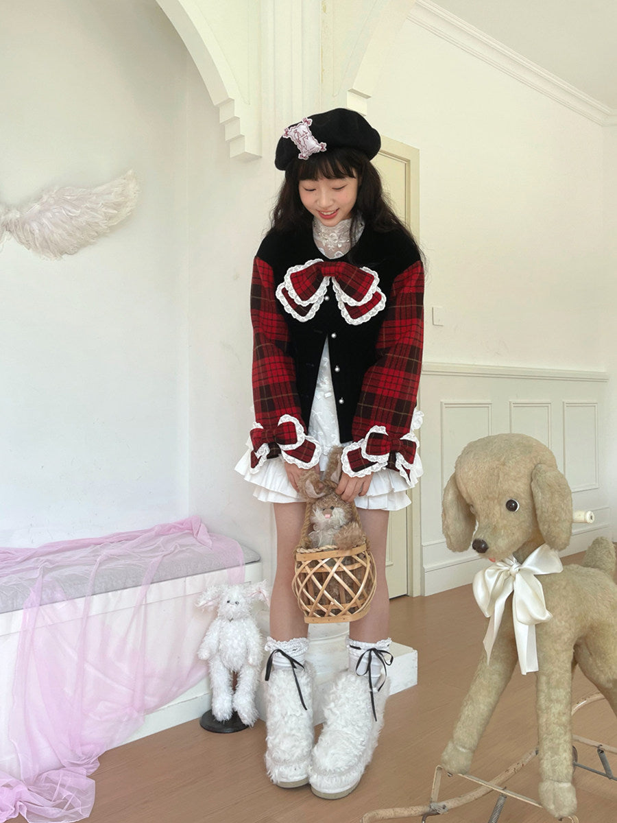 daytoday everyday institute - Red Plaid Velvet Bow Jacket jacket daytoday everyday institute
