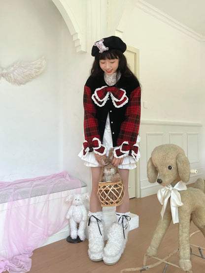 daytoday everyday institute - Red Plaid Velvet Bow Jacket jacket daytoday everyday institute