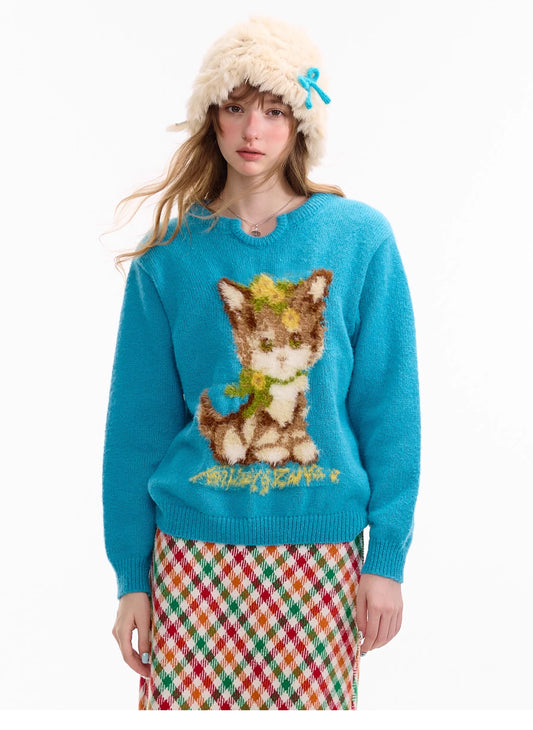 ziziFei – Girly Kei Blue Cat Knit Sweater sweater ziziFei