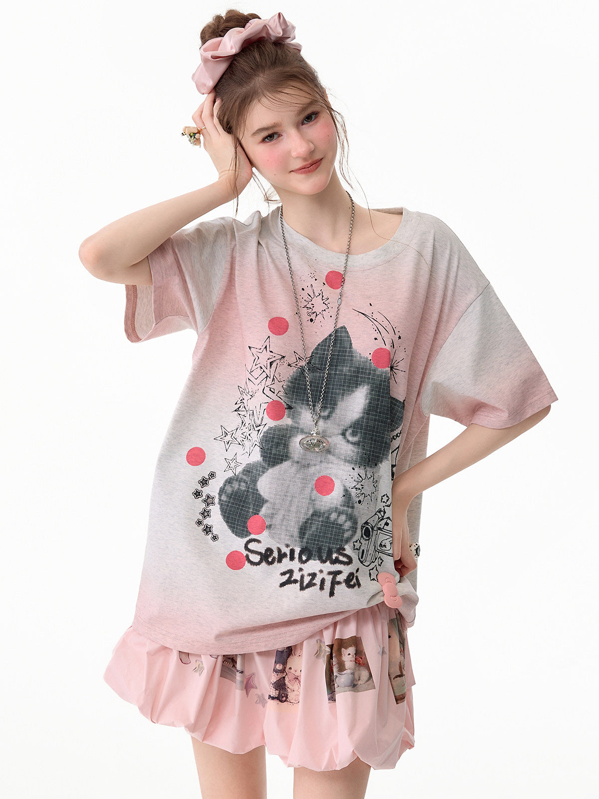 ziziFei - Gradient Cat Graphic T-Shirt tshirt ziziFei