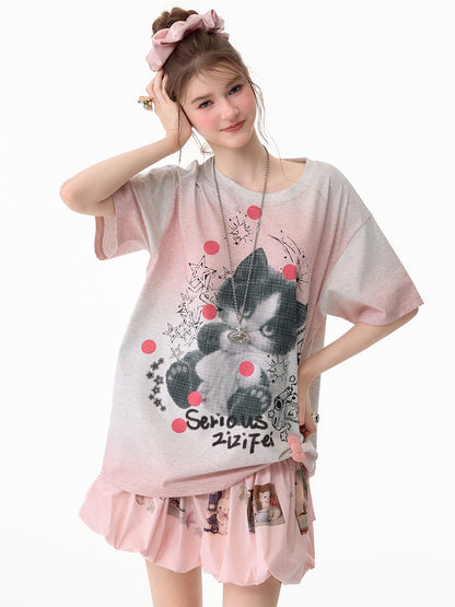 ziziFei - Gradient Cat Graphic T-Shirt tshirt ziziFei