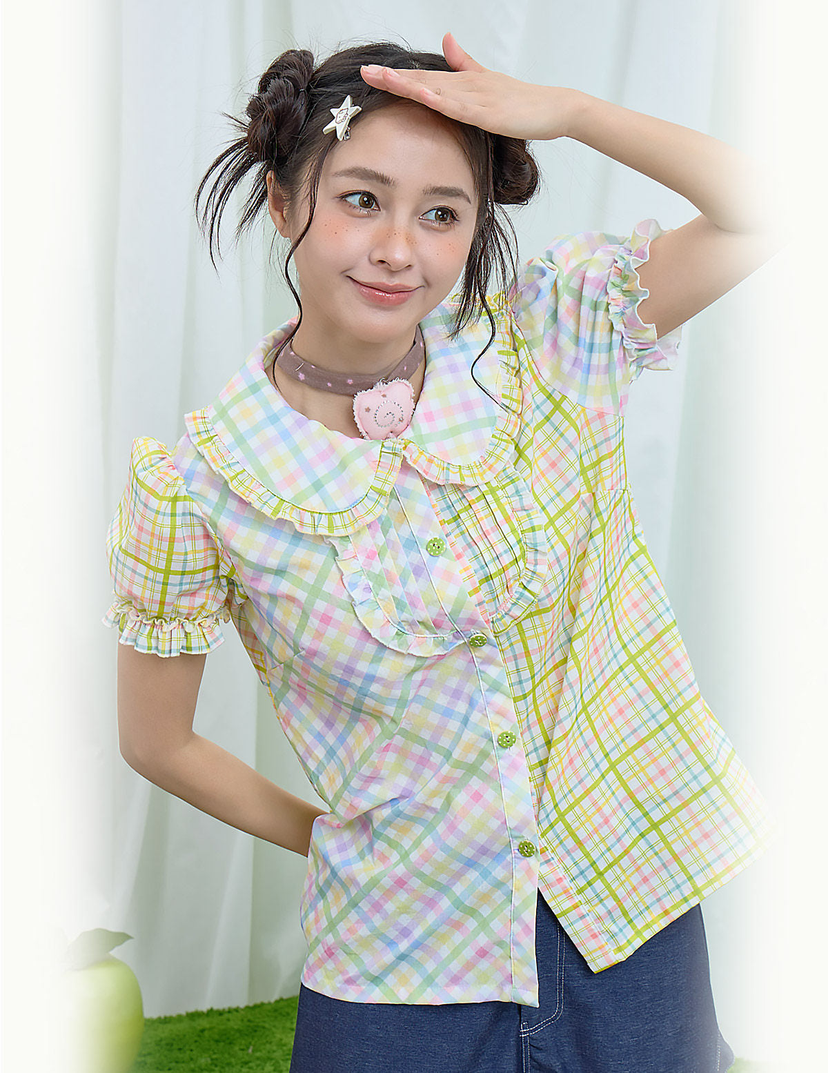 Moon Meadow - Plaid Puff Sleeve Shirt shirt Moon Meadow