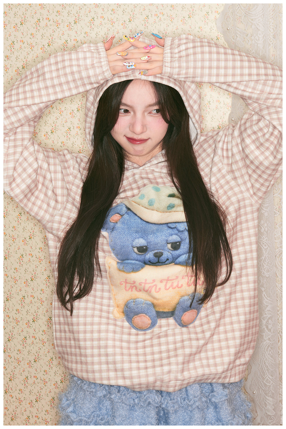 tntntutu - Kawaii Plaid Blue Bear Fleece Hoodie Loungewear hoodie tntntutu