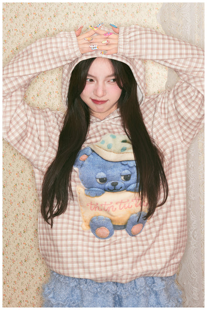 tntntutu - Kawaii Plaid Blue Bear Fleece Hoodie Loungewear hoodie tntntutu