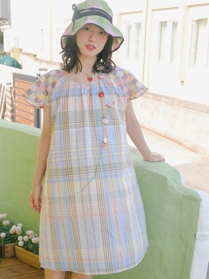 Harajuku patchwork plaid and floral embroidery fly sleeve dress by KaiXin Hostel