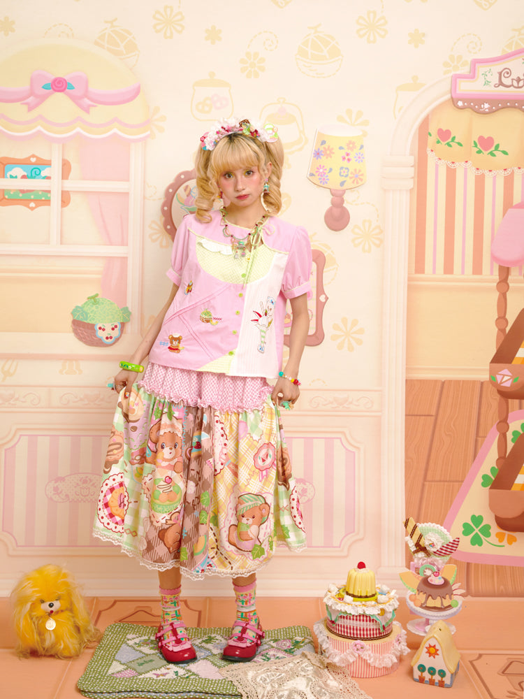 Lutra Jump - Decora Kei Bear Print Patchwork Skirt skirt Lutra Jump