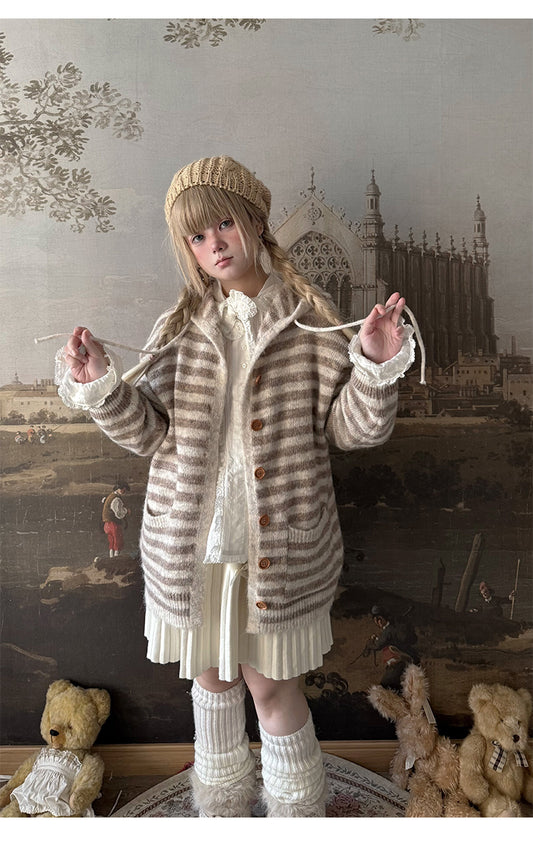 Labeau - Sweet Striped Hooded Knit Cardigan cardigan Labeau Milk Tea