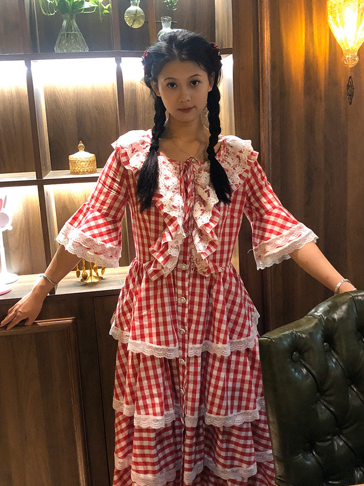 Nanjun Vintage - Red Plaid Lolita Cake Dress dress Nanjun Vintage