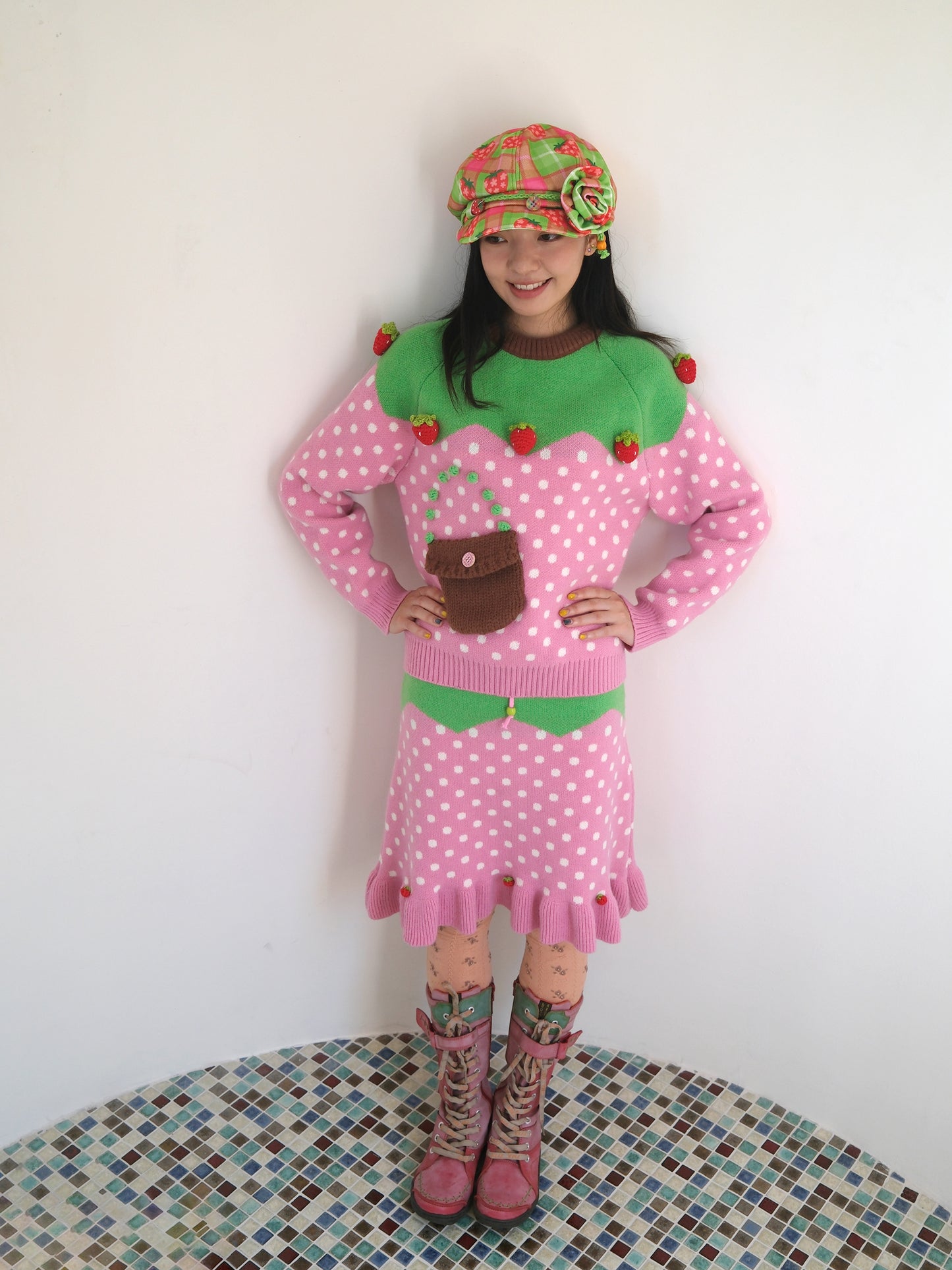 FRUITS - Kawaii Strawberry Polka Dot Knit Skirt skirt Fruits