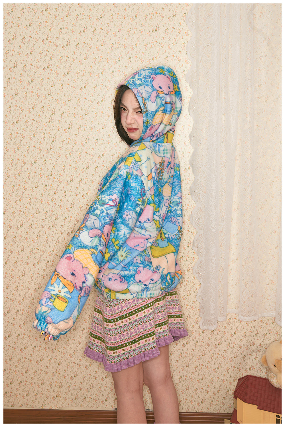 tntntutu - Blue Green Fleece Hoodie with Bear Print jacket tntntutu