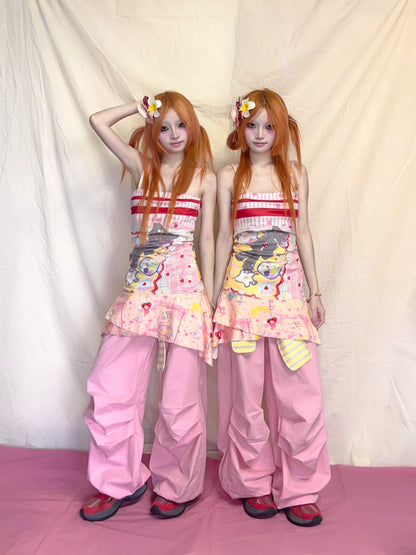 YJM with biubiu Striped Pants | Waistband Baggy Pants – Harajuku Y2K Wide Leg Trousers pants YJM with biubiu