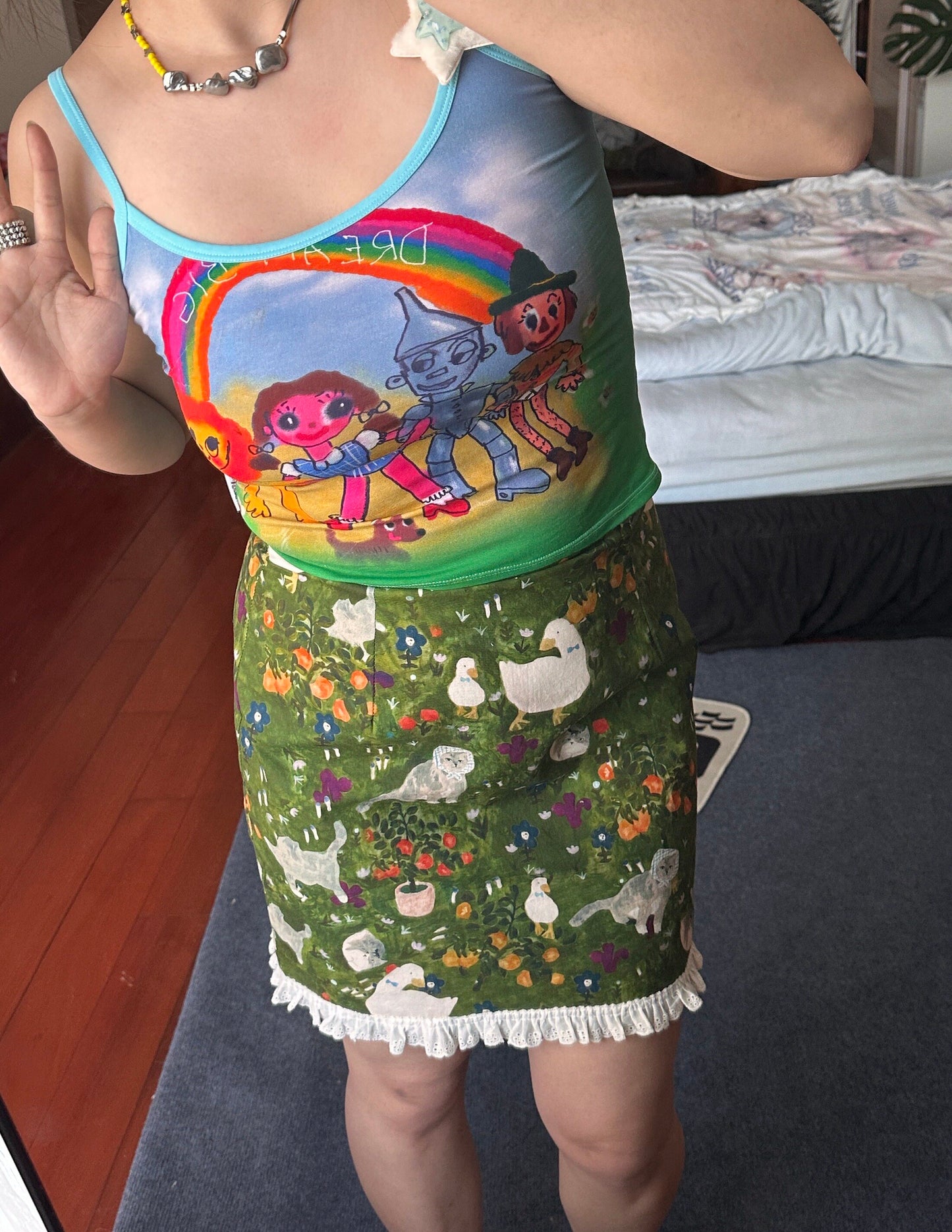 Romantic Rimande Café - Cat Print Green A-Line Skirt