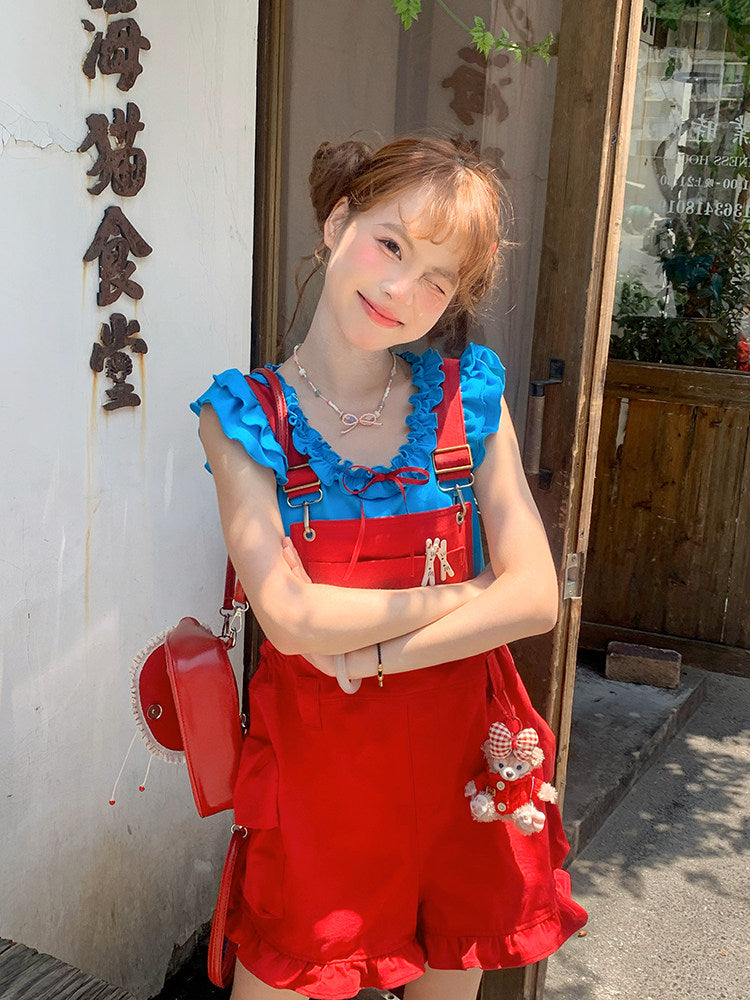 SINGSONG - Berry Bubble Colorblock Suspender Pants Set