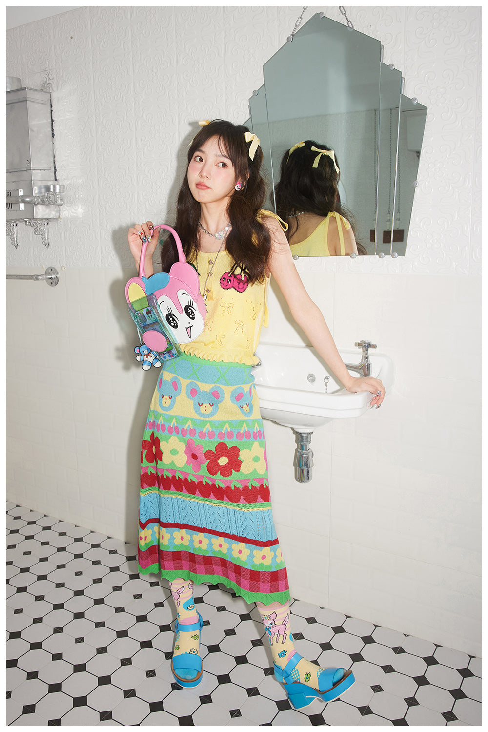 tntntutu Bear Knit Skirt | Colorful Floral Crochet Midi Skirt | Elastic Waist A-line Skirt skirt tntntutu
