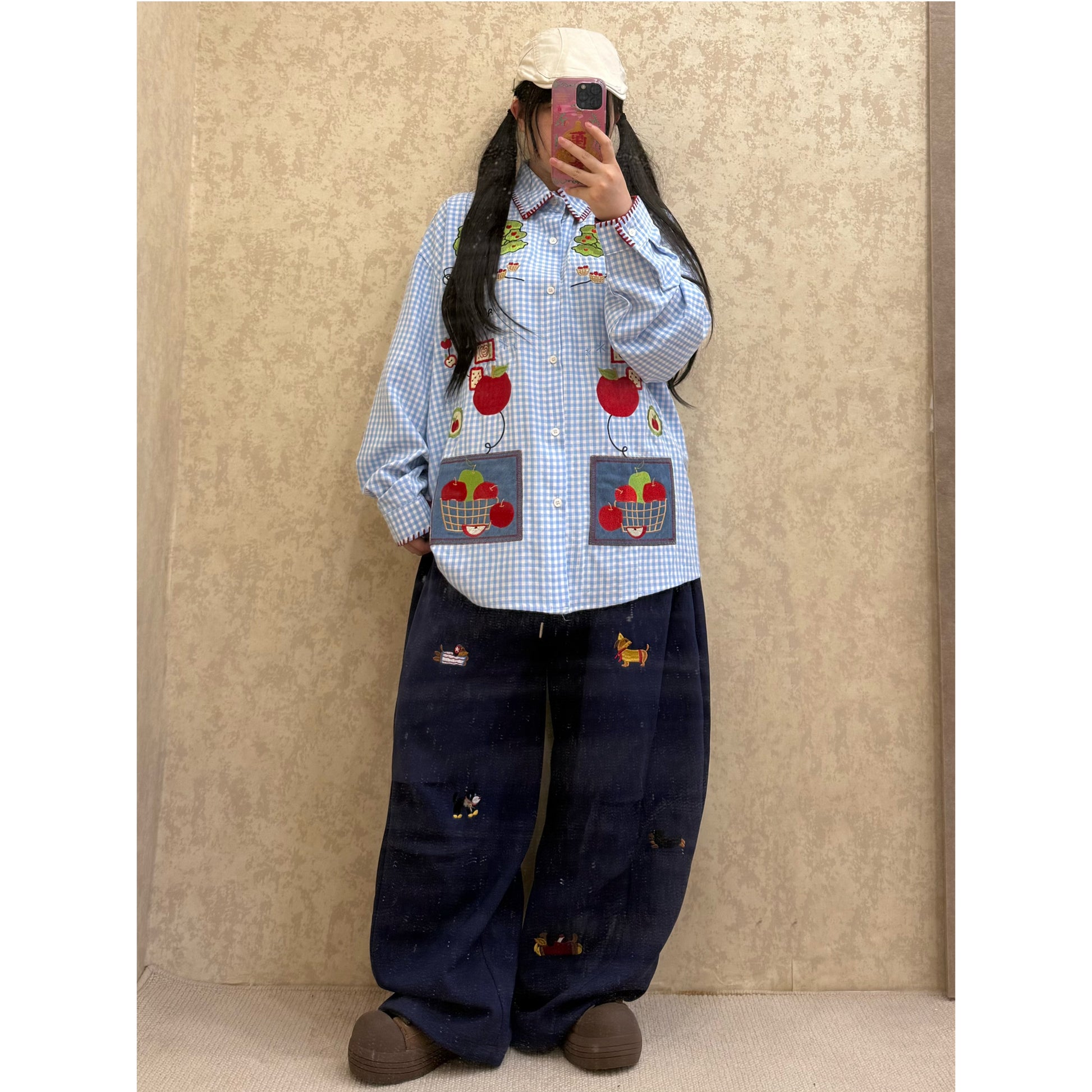 BIBULU - Kidcore Apple Embroidery Plaid Shirt shirt BIBULU