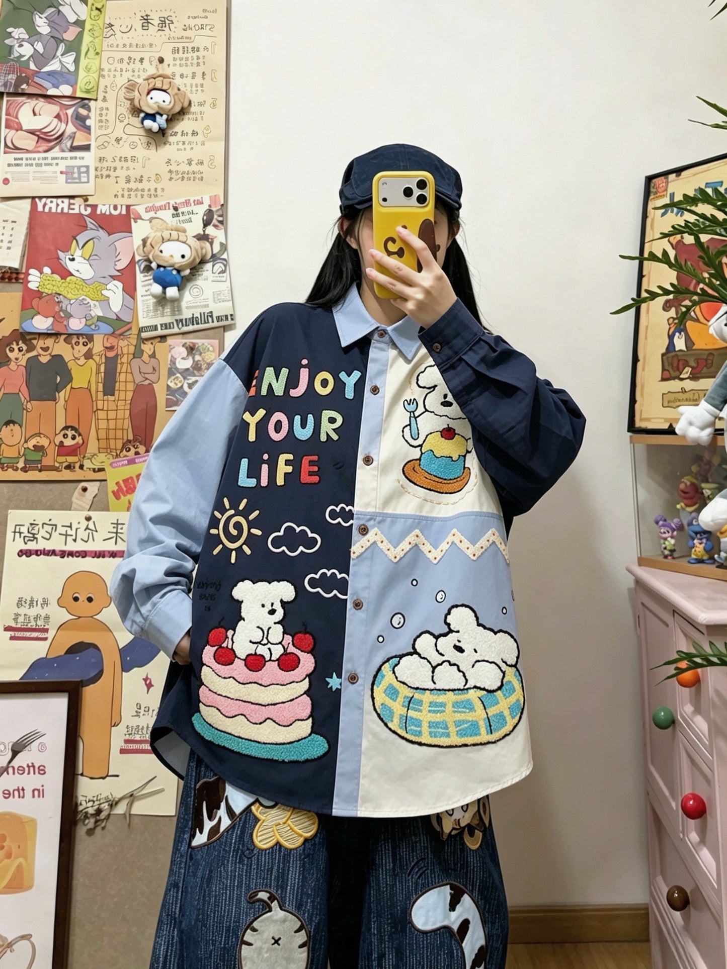 BIBULU - Color Block Cartoon Embroidered Long Sleeve Shirt shirt BIBULU