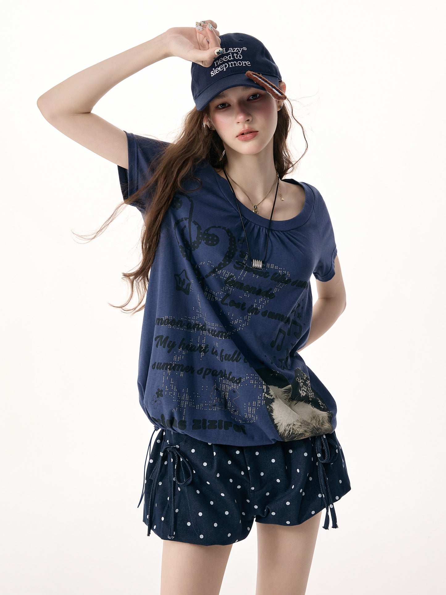 ziziFei - Blue Cat Print Drawstring Tee shirt ziziFei