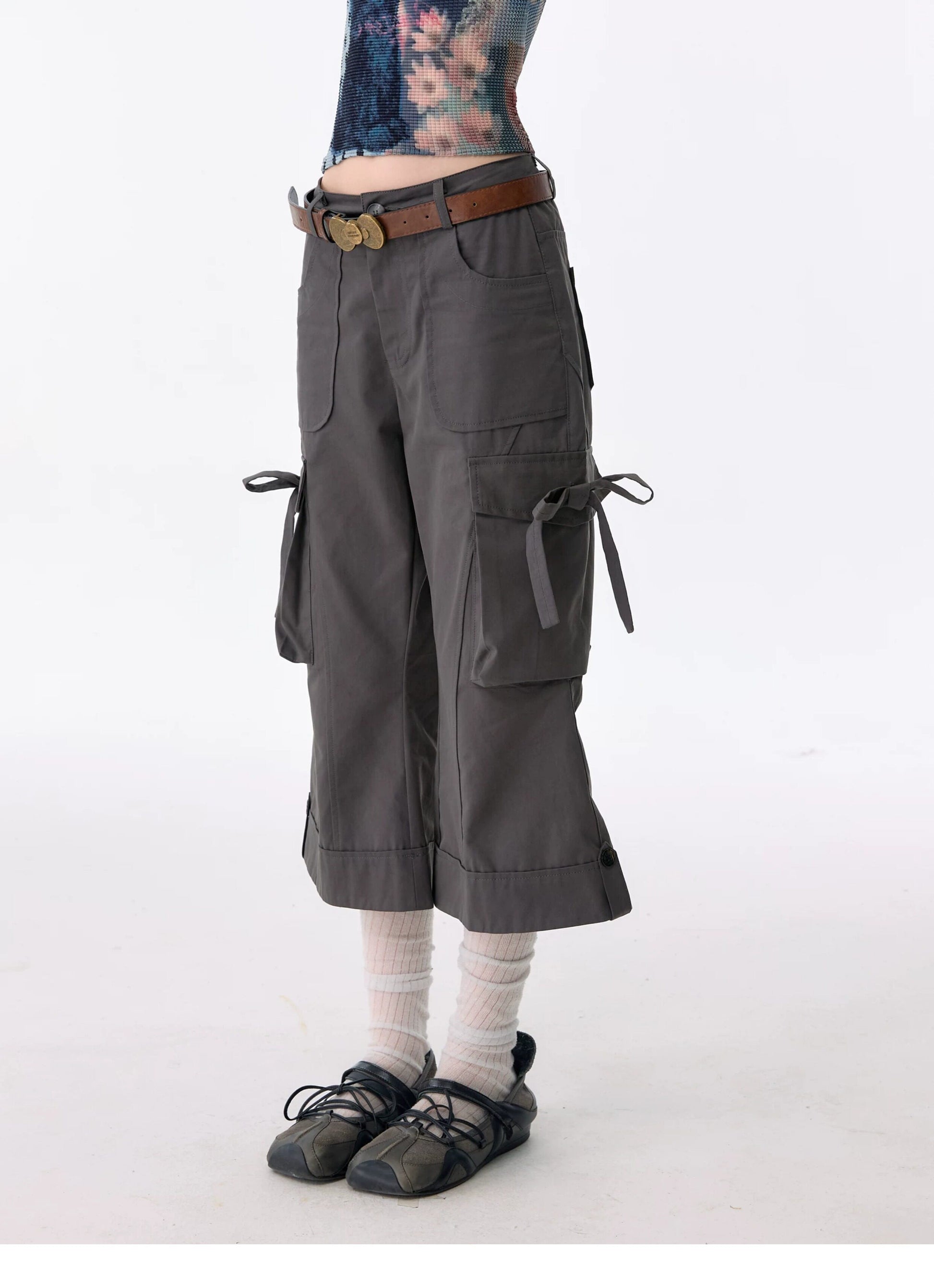 ziziFei - Charcoal Bow Cargo Cropped Pants shorts ziziFei