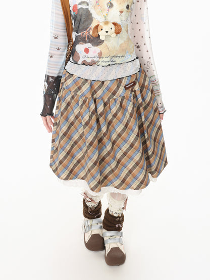 Languid Park - Lace Trim Plaid Midi Skirt