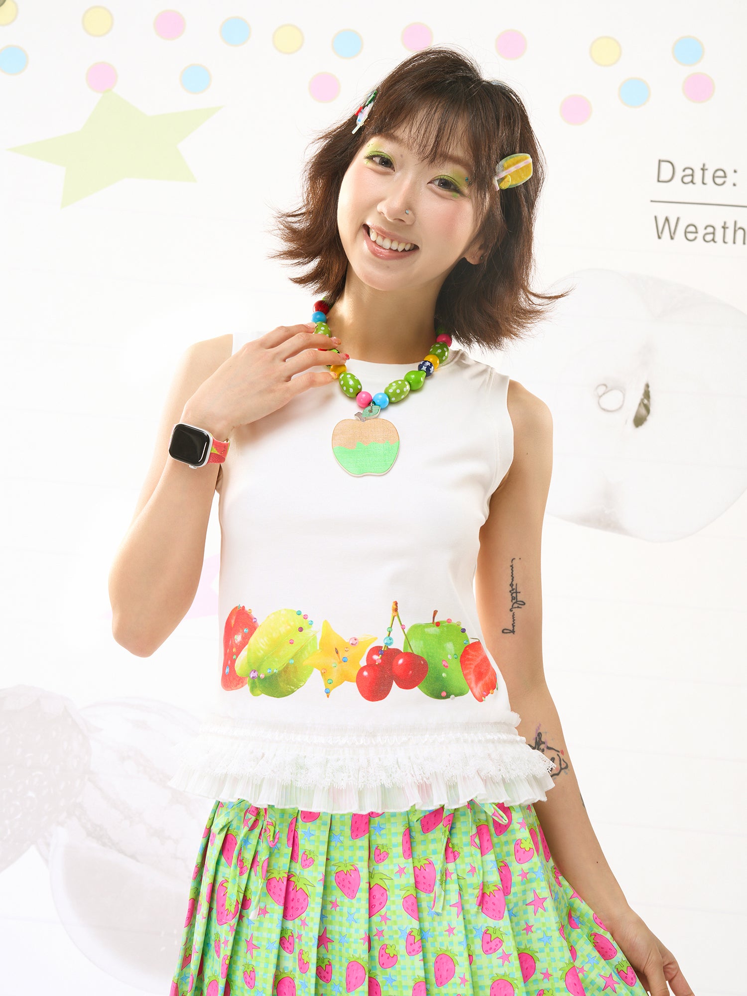 FRUITS Print Cami | Lace‑Hem Tee | White Sleeveless Shirt tshirt Fruits