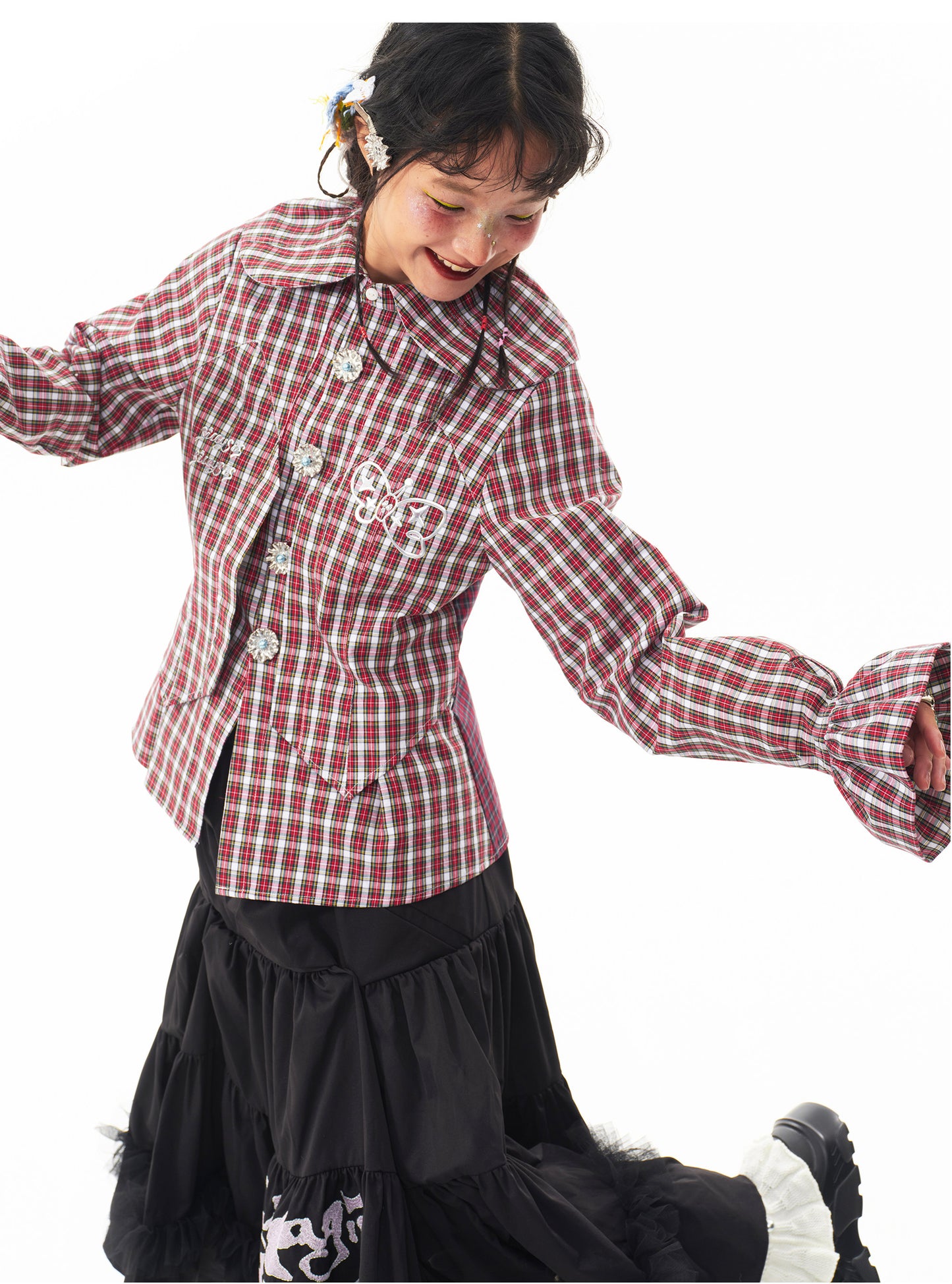 Sillysis - Kawaii Plaid Layered Doll Collar Blouse shirt sillysis