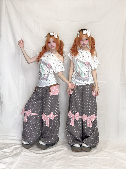 YJM with biubiu - Mint White Polka Dot Fitted Short Sleeve Top shirt YJM with biubiu