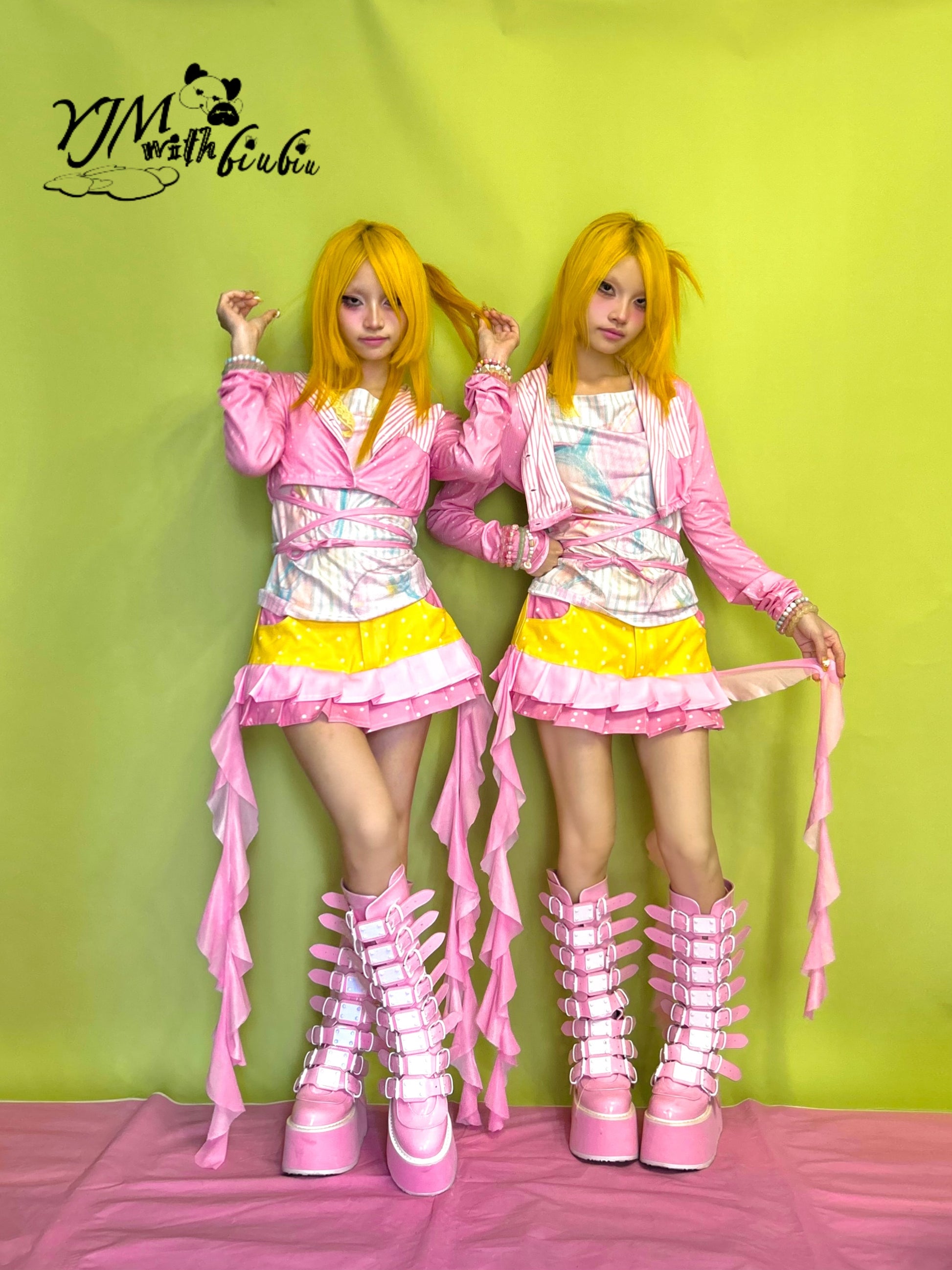 YJM with biubiu Pink Polka Dot Jacket | Striped Patchwork Tie-Up Short Jacket jacket YJM with biubiu